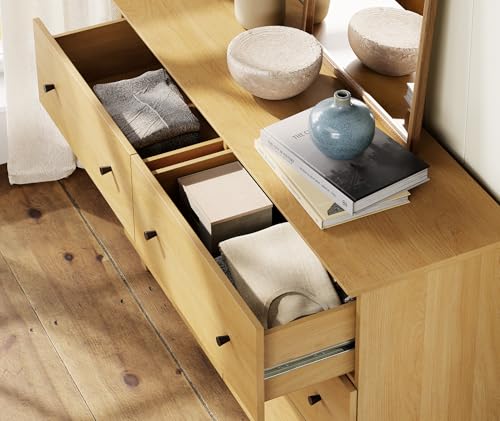 Image of WAMPAT Bedroom Dresser with 12 Drawers, Modern Chest of Drawers with Black Knobs, 94.4 Inch Wide Oak Wood Finish Storage Organizer for Kids Room, Living Room, Nursery