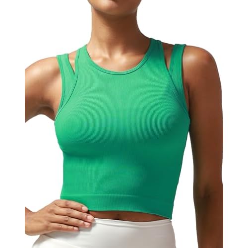 RUNNING GIRL Sports Bras for Women High Impact Seamless Ribbed Longline High Neck Workout Crop Tank Tops Padded B-bright Green X-Large