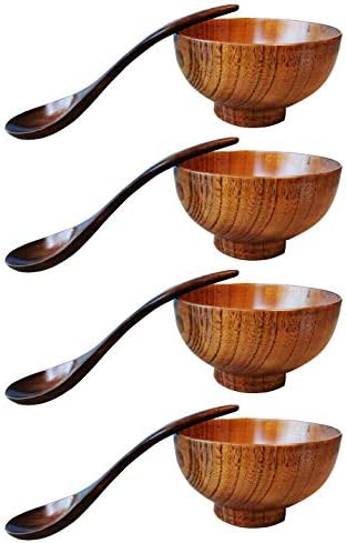 Wood Bowl Japanese Style Solid Wood Bowl Serving Tableware for Rice, Soup, Dip, Coffee, Tea, Decoration 4 Pcs (4 bowls + 4 spoons)