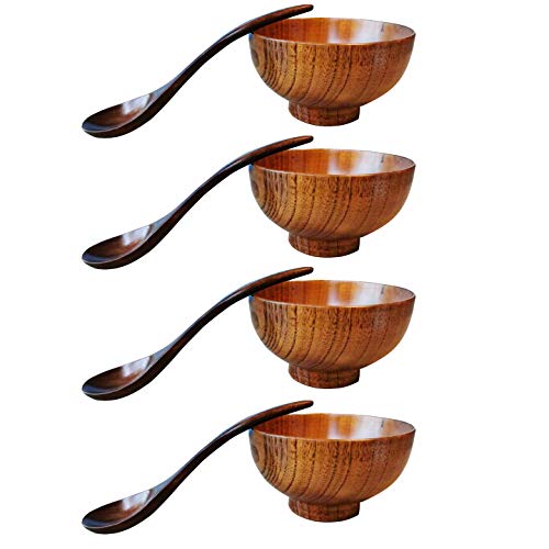 Wood Bowl Japanese Style Solid Wood Bowl Serving Tableware For Rice, Soup, Dip, Coffee, Tea, Decoration 4 Pcs (4 Bowls + 4 Spoons) #TOP3