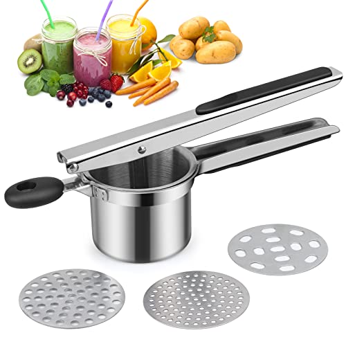 Foto von Spätzlepresse Kartoffel Masher Ricer Edelstahl Kartoffelpresse Professionelle Kartoffelquetsche mit 3 Austauschbaren Scheiben für Kartoffel Obstsäfte Gemüsebrei Püree