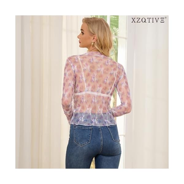 XZQTIVE Womens Mesh Long Sleeve Top See Through Mock Neck Party Club Night Floral Lace Layering Tops Blouse - Image 4
