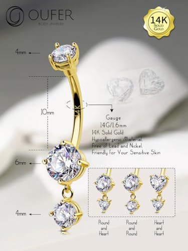 OUFER Belly Button Rings, 14K Solid Gold Belly Rings, Dangle Belly Button Piercing, 14G Belly Piercing Jewelry, Clear CZ Navel Rings, Heart Belly Rings for Women Men4