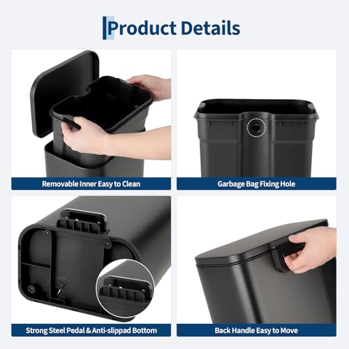 Caneca de basura rectangular 20L acero inoxidable negro miniatura 3