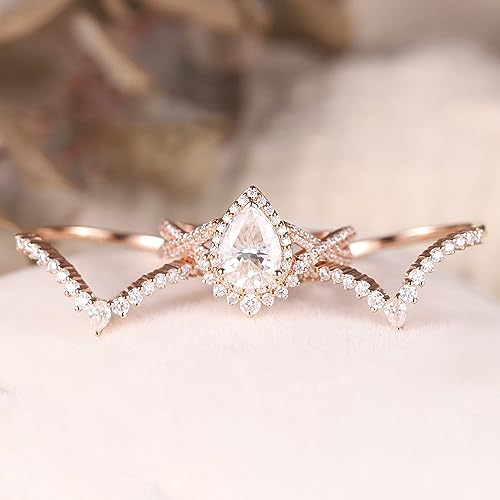 1.0 ct Moissanite Pear Shaped Halo Engagement Rings For Women Vintage 3 pcs Wedding Rings Set Unique Teardrop Twisted Bridal Set 925 Sterling Silver 10K 14K 18K Gold Promise Wedding Ring4