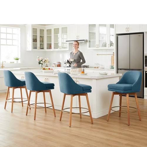 Image of kinmars Modern Bar Stools Set of 2,Swivel Counter Height Bar Stools with Soft Upholstered Back,Thick Seat,Wooden Legs, 27 inch Counter Stools for Kitchen Island (Blue, 4 Pieces - 27 inch Counter Height)