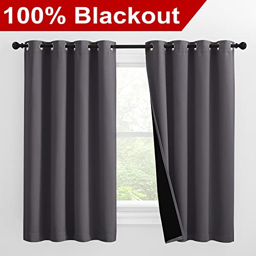 Image of NICETOWN 100% Blackout Curtains with Black Liners, Thermal Insulated Full Blackout 2-Layer Lined Drapes, Noise Cancellation Window Draperies for Dining Room (Grey, 2 Panels, 55-inch W by 57-inch L)