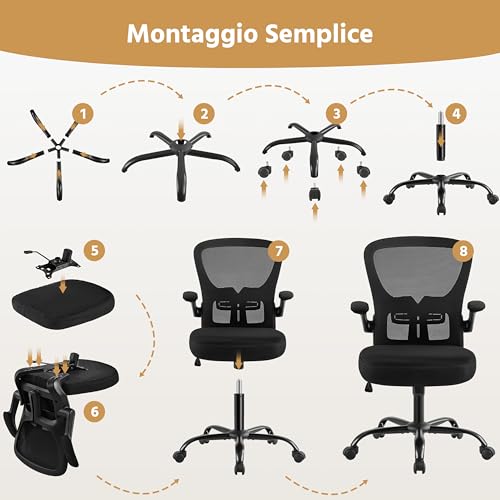 Sedia Ufficio Scrivania Ergonomica con Supporto Lombare Braccioli Regolabili, Sedia Scrivania con Ruote Girevoli in Rete Traspirante Reclinazione a Dondolo, Portata 136 kg Nera - Sedia gaming - Immagine 8