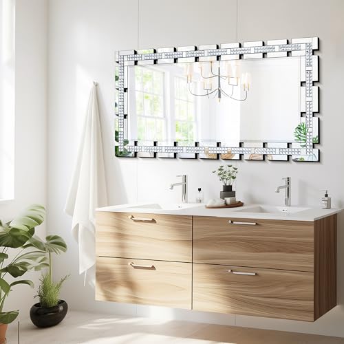 Chende 24" x 47" Large Decorative Mirror with Crystal, Elegant Wall Mirror with Beveled Edge and Glass Frame, Modern Living Room, Bathroom Decor, Unique Design, Horizontal/Vertical Hanging