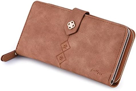 CornerLife Women Vegan Suede Leather Wallet Large Checkbook Clutch Wallet Zipper Around Credit Card Holder Wallets for Women with Snap Closure (Reddish Brown)