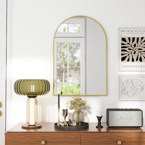 VooBang Arched Wall Mirror, 20 x 30 inch Arch Bathroom Mirror, Wall Mounted Vanity Mirror with Arch Metal Frame, Modern Bathroom Vanity Mirror for Bedroom, Living Room, Hanging or Leaning, Gold