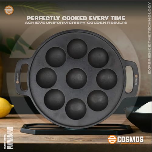 Image of E-COSMOS Pre Seasoned Cast Iron 9 Cavity Appam Patra, Paniyaram Pan Iron, Appam Pan, Pan Cake, Paddu, Appam Maker, Ponganal Maker, Appe and Litti Maker with 2 Side Handle, 23cm, Black (9 Cavity)