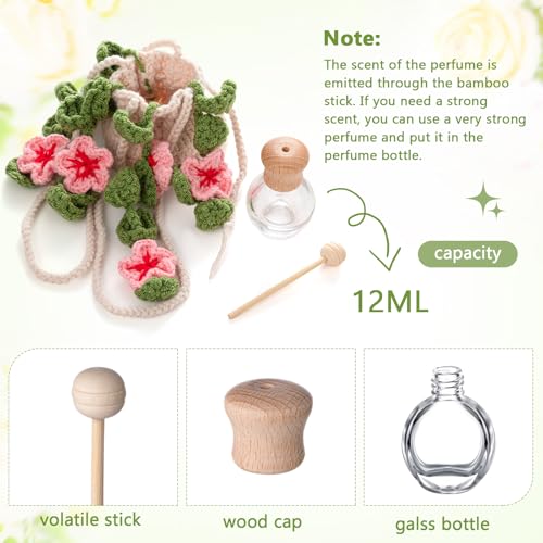Image of DaisyInner Cute Crochet Plant Car Freshener 12ml Empty Refillable Diffuser Bottle with Plants Hanging Accessories for Ornaments Charms Rearview Mirror Home Office Decor Women Gifts(Cherry Blossoms)