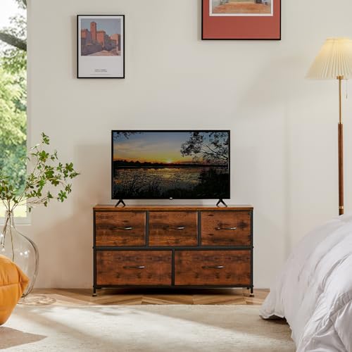 Image of OLIXIS 5 Drawer Dresser for Bedroom, Wide Fabric Storage Tower, Brown | Closet Chest Organizer Furniture, TV Stand for Living Room, Wooden Top and Metal Frame