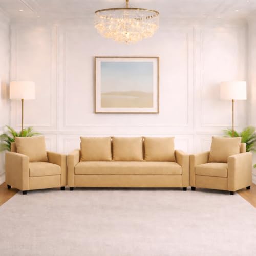 Image of Wood 3+1+1 Sofa Set 5 Seater | Velvet Fabric Upholstery | Wooden Frame Sofa Set with 3 Seater & 2 Single Chairs for Living Room, Home & Office (Golden)