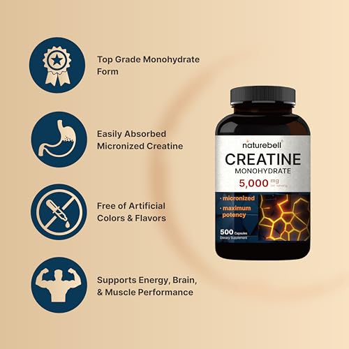 Image of NatureBell Creatine Monohydrate Capsules 5,000mg Per Serving, 500 Count | Micronized, Unflavored Creatine Pills | Pre-Workout & Muscle Strength Support | Easy to Swallow, Filler-Free | 71 Servings