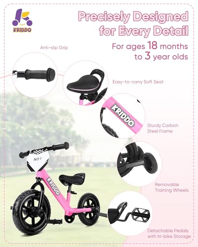 Image of KRIDDO 2-in-1 Tricycle and Balance Bike for 2 Year Old with Training Wheels