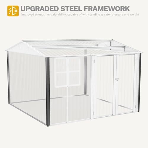 Image of DWVO 10x10ft Metal Outdoor Storage Shed with Window, Lockable Tool Storage Sheds, Oversized Steel Garden Sheds with Sloped Roof for Backyard, Patio, Garage, Lawn, Gray & White