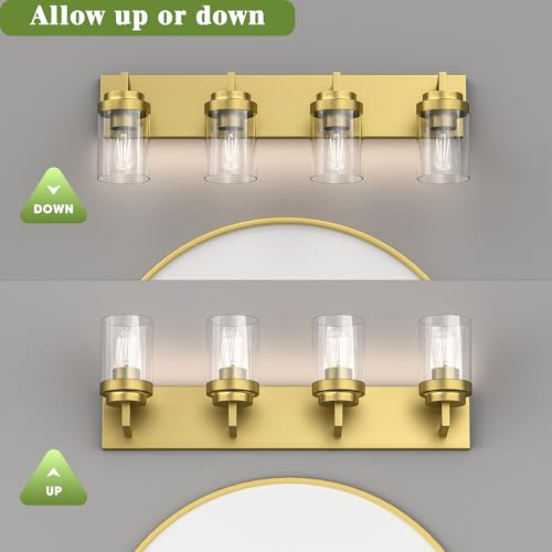Image of Bathroom Lighting Fixtures, 4-Light Bathroom Vanity Lights Over Mirror, Brass Vanity Light with Glass Shade, Modern Vanity Lighting Fixtures for Bedroom, Hallway
