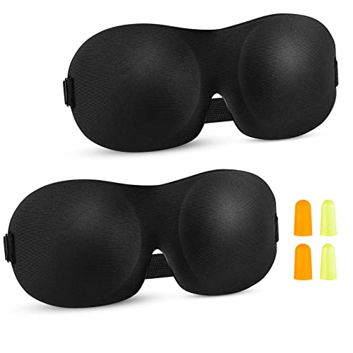 2 Pack Schwarz Augenmaske Schlafmaske - 3D Schlafmaske für Frauen & Herren Schlafbrille Memory Foam Weiche Sleep Mask, 100% Blackout Schlaf Augenmaske mit Ohrstöpseln und Verstellbaren Schultergurten Cover