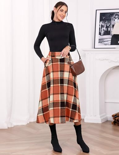 Image of IDEALSANXUN Women's Fall Winter High Waisted Wool Plaid A-line Long Skirt