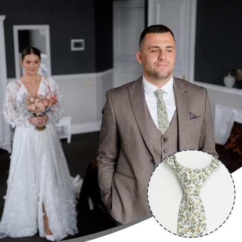 Image of Luckyvestir Ties for Men, Sage Green Cotton Floral Tie 2.76 inch Flower Printed Men's Neckties for Wedding /Groomsmen /Suit /Party