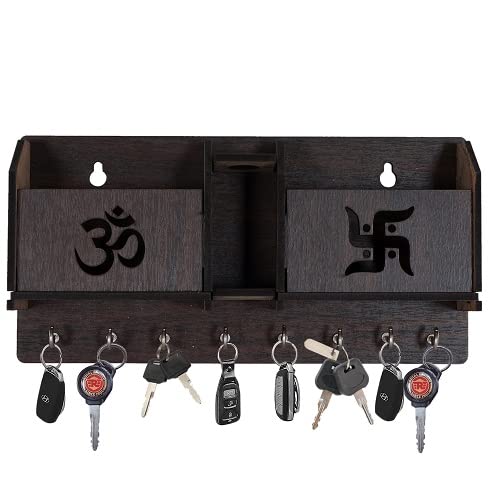 Harshika Creation Wooden Om and Swastik Key Holder Wall Hanging for Home Office Hall & Living Room Bed Room Wall Decor Stylish Key Stand with 8 Hook Showpiece Decorative Item Gift Her.