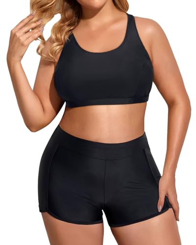 Image of Holipick Women Plus Size Swimsuits - Athletic 3 Piece Tankini with Shorts