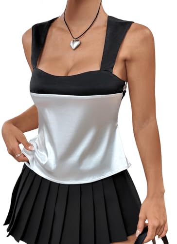 SHENHE Women's Satin Tie Back Tank Top Color Block Wide Strap Scoop Neck Silky Top2