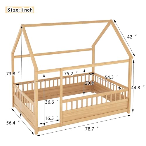 Image of Bellemave Kids Full Size Floor Bed with House Roof Frame and Safety Fence, Wooden Montessori Bed, Low Profile Playhouse Bed for Boys Girls Bedroom (Natural)