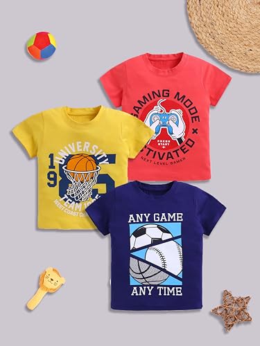 Image of Amazon Brand - Jam & Honey Boys Cotton Graphic Printed Half Sleeves T-Shirt | Regular Fit | Soft & Breathable (Available in Pack of 3 & Pack of 5) (2 to 8 Years)