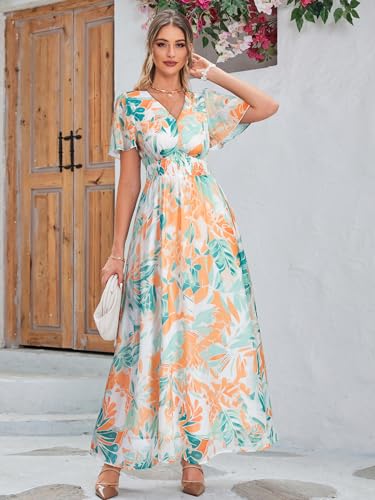 Image of Simplee Women's Boho Floral Maxi Dress Flowy Casual V Neck Short Sleeve Wedding Guest Holiday Beach Long Dress