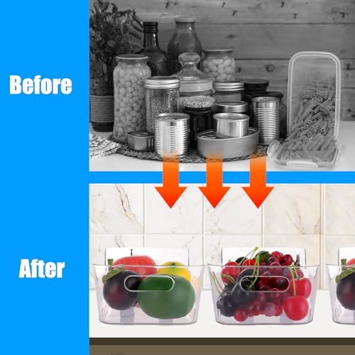 ASelected 4PCS Clear Plastic Storage Organisers Fridge Storage Box with Handles Design Drawer Trays for Desk, Makeup , Kitchen Pantry Cabinet, Cupboard (19.7x13.9x7.7CM)