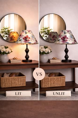 Image of tu casa Modern Table Lamp with Crimson Floral Satin Shade | Metal Iron Base Decorative lamp for Living Room| Study & Home Decor, Designer Table Lamp for Gifting (Pastel Petal Harmony)