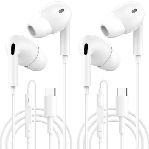 2-Pack USB-C In-Ear Headphones,HiFi Stereo Sound & Noise Cancelling Wired Earphones with Built-in Mic&Volume Control for i-Phone 16/15/Pro/Pro Max/Plus,i-Pad Pro,Galaxy S24/S23,H-uawei P60,Pixel 8/7/6