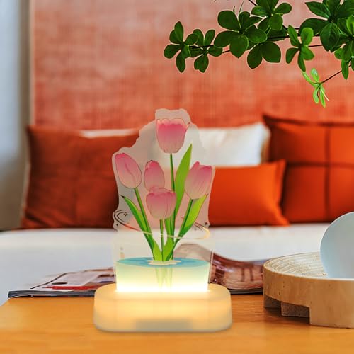 Lámpara de mesa de noche 3D tulipán rosa LED acrílica miniatura 3