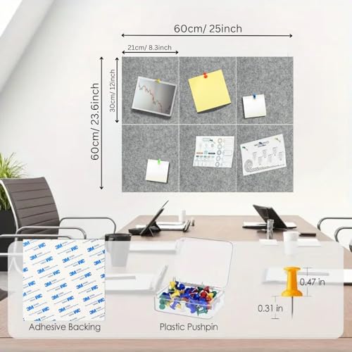 Image of Royalkart 6Pcs Rectangle Felt Bulletin Board Tiles for Wall - Grey Self-Stick Notice Board with 30 Push Pins | Pin Board for Office, Study, Home Decor, Kids Room (30x21cm)