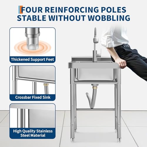 Image of Garvee Stainless Steel Utility Sink with Faucet & Storage Shelf, 304 Single Bowl Freestanding Sink with Adjustable Legs, S-Hooks, Hot & Cold Water Pipes for Kitchen, Laundry, Garage, Farm, Outdoor Use