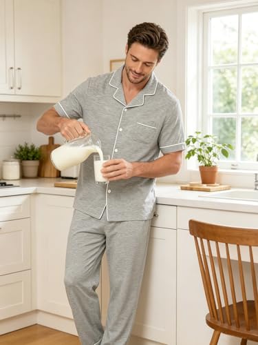 Image of Mens Pajamas Set Short Sleeve Sleepwear Button Down Loungewear Set Soft Modal 2Pcs Pj Set with Pockets S-3XL