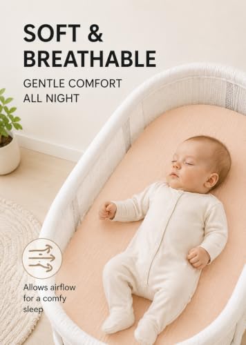 Image of 3-Pack Organic Muslin Bassinet Fitted Sheets, Compatible with Halo, Snoo, Graco, Dream On Me, Delta, and Other Standard Size Bassinets - Fits Oval, Hourglass, & Rectangle Shapes (32 x 16 x 4 Inches)