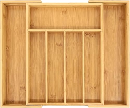 Image of Zollyss Expandable Bamboo Drawer Organizer for Kitchen, Adjustable Cutlery Tray, Expandable Utensil Organizer for Kitchen Drawer (5 Pc Bamboo Drawer Organiser)