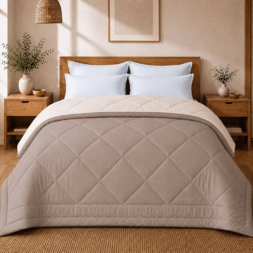 Image of King Size Comforter for Double Bed, 220 GSM Soft Microfiber AC Comforter, All Season Lightweight Reversible Blanket Bed Quilt, Premium Bedding, 90 x 100 Inch, Cream-Light Brown