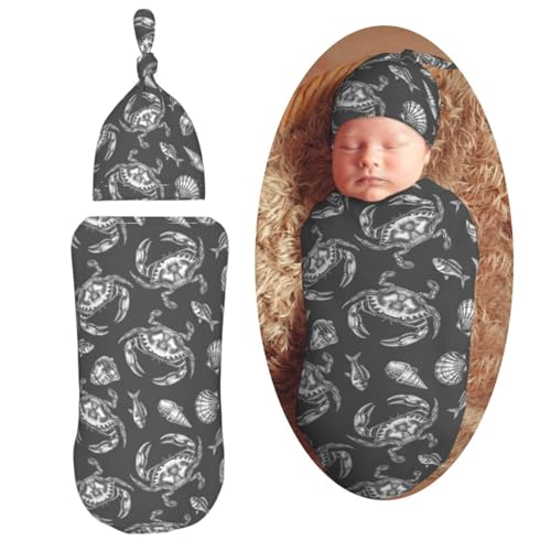 Image of Seafood Crab Newborn Swaddle Blanket with Beanie Set Soft Baby Sleep Sack Stretch Adjustable Swaddle Wraps Receiving Blankets