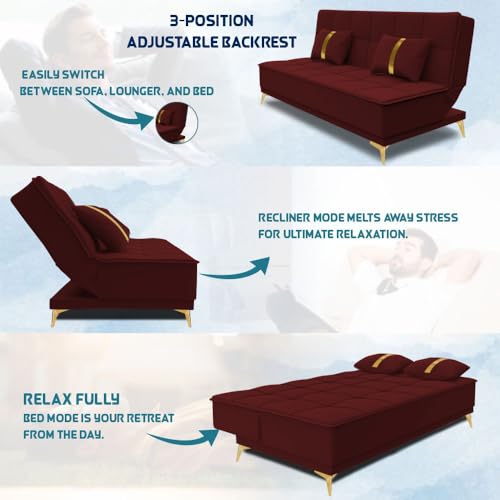 Image of Adorn India Premium New Alyssum 3 Seater Sofa Cum Bed 4X6 Velvet Suede with 2 Cushions (Color Maroon) and Suitable for All Indoor, with 3 Years Warranty
