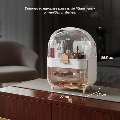 Image of Amazon Basics Glossy ABS+PET+PS Cosmetic Storage Organizer | 27 x 17 x 36.5 cm | 3 Compartments | Waterproof & Dustproof Lid | White (V1COSST5)