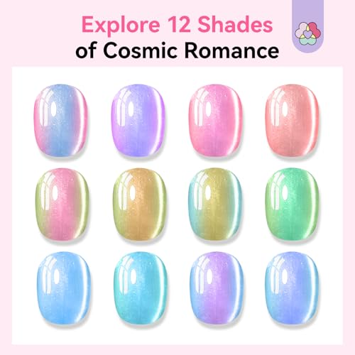 Image of SAVILAND 12 Colors Cat Eye Gel Nail Polish Set: Iridescent Blue Green Yellow Red Aurora Cateye Gel Polish Smooth Shimmer Glitter Magnetic Gel Nail Polish with Magnet Stick DIY Nail Art Galaxy Nails