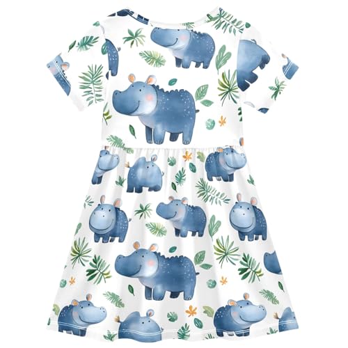 Cute Hippo Leaves Toddler Dress Girls Summer Short Sleeve T-Shirt Dress Casual Outfit2