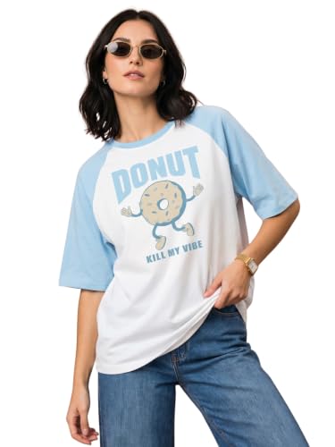 Image of JUNEBERRY 100% Pure Cotton Oversized Fit Drop Shoulder Graphic Printed Raglan Sleeves Boyfriend T-Shirt for Women (Sizes: S to 2XL)