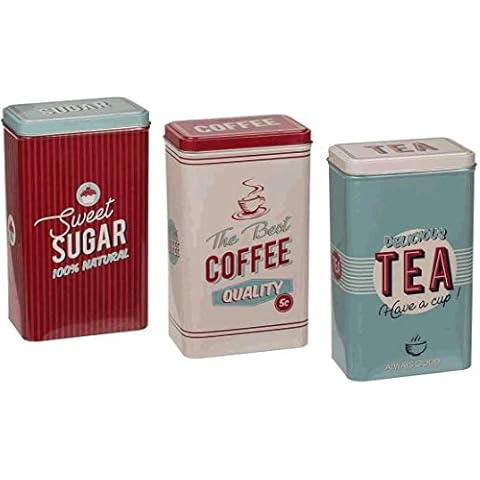 Almineez Retro Set of 3 Stainless Steel Tea Coffee Sugar Jar Canisters Kitchen Container Tins Storage Organiser Set Air Tight Vintage Design Cover