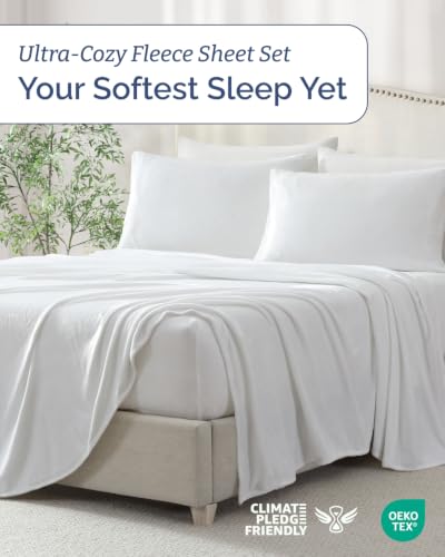 Image of Fleece Sheets Queen Size Set - 4-Piece Velvet Flannel Sheet Set - White